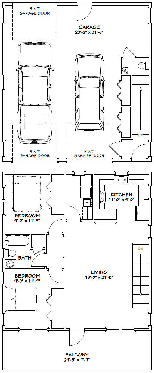 30×32 House — 2 bedroom 1.5 Bath — 986 sqft — PDF Floor Plan — Model 1I