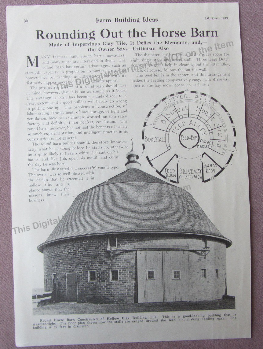 1919 Article Farm Building Ideas* Round Horse Barn Construction Layout Clay Tile