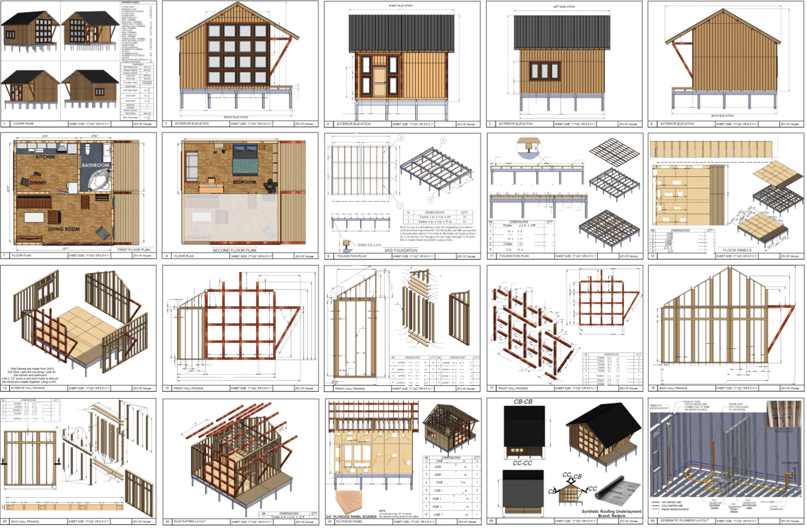 20’x25’ Cozy 2-Story Tiny House Cabin DIY Architectural Build Plans PDF Download