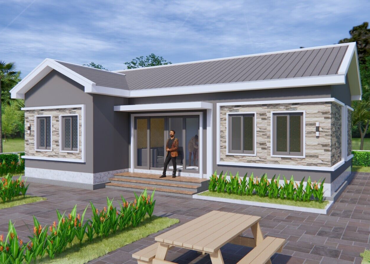 Bungalow House Plan 12×8 Meter 40×27 Feet 3 Beds 2 Baths Gable Roof A4 Hard Copy