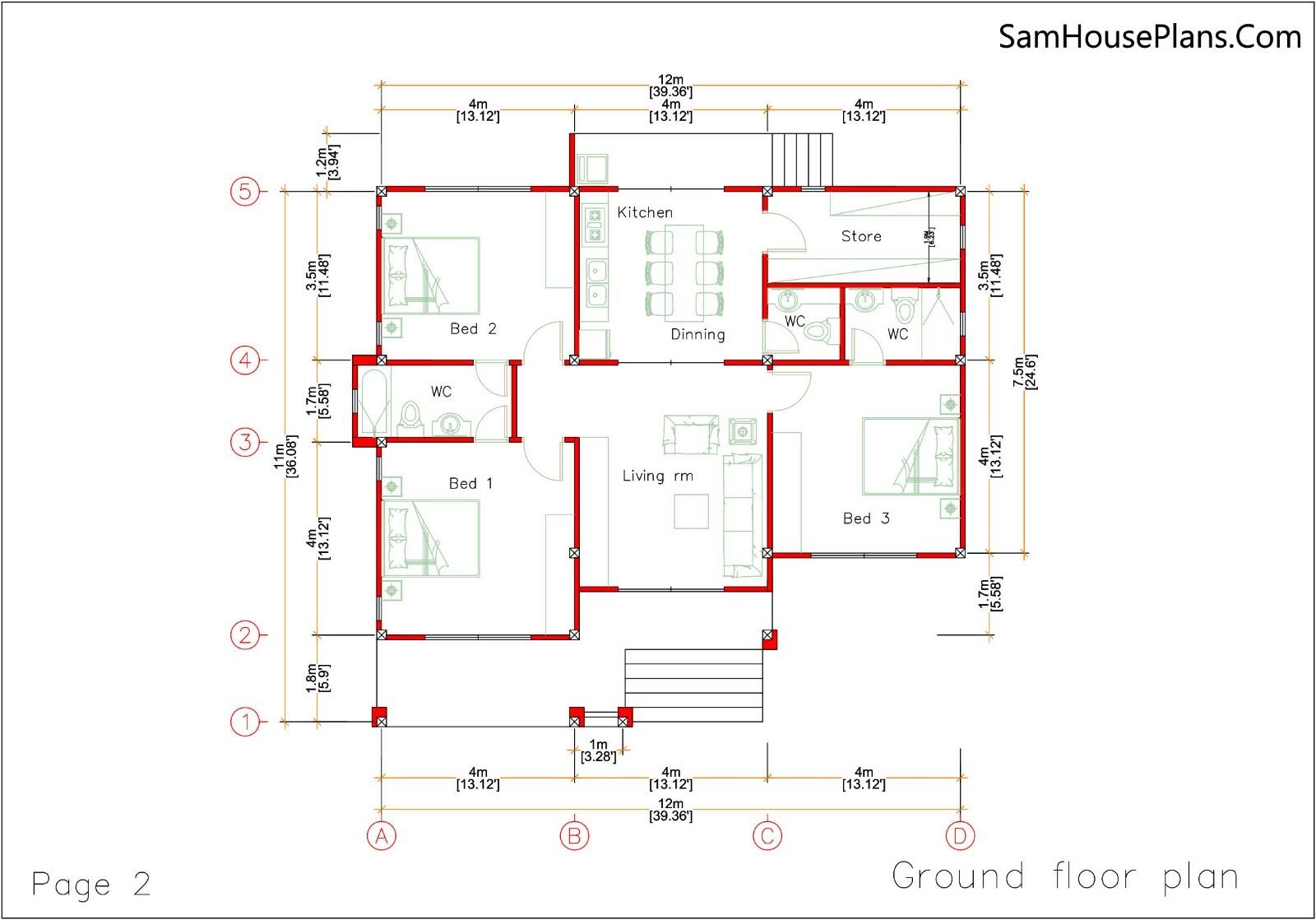 One Story House Plans 12×11 Meter 39×36 Feet 3 Beds Hip Roof (A4 Hard Copy)