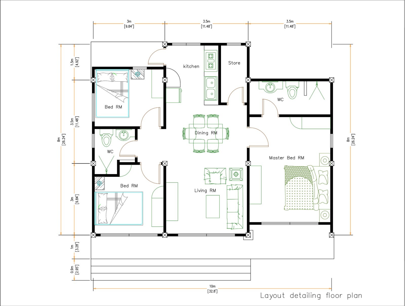 33×26 Feet House Plans 10×8 Meter 3 Beds 2 Baths Shed Roof (A4 Hard Copy)