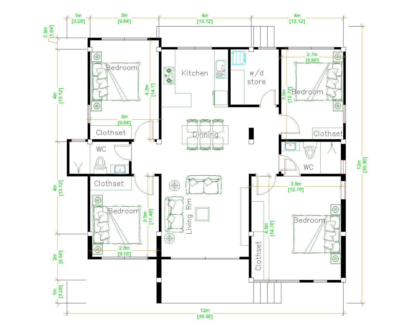 House Plan 12×12 Meter 39×39 Feet 4 Beds 2 Baths Shed Roof PDF (A4 Hard Copy)