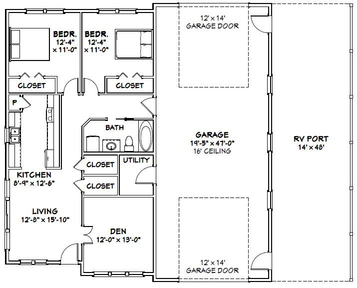 46×48 House – 2 Bedroom 1 Bath 1 RV – 1,157 sqft – PDF Floor Plan – Model 4C