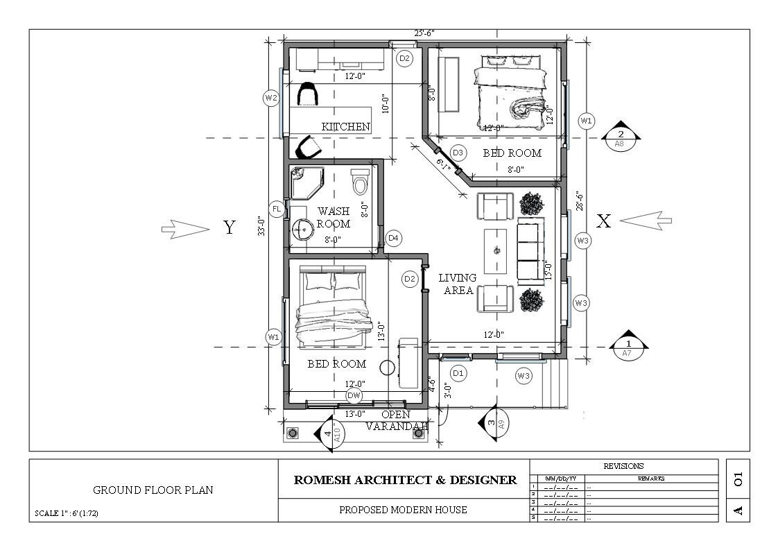 Modern House Plan with Blueprint PDF, DWG & 3D Design- 825sqft (No 09)