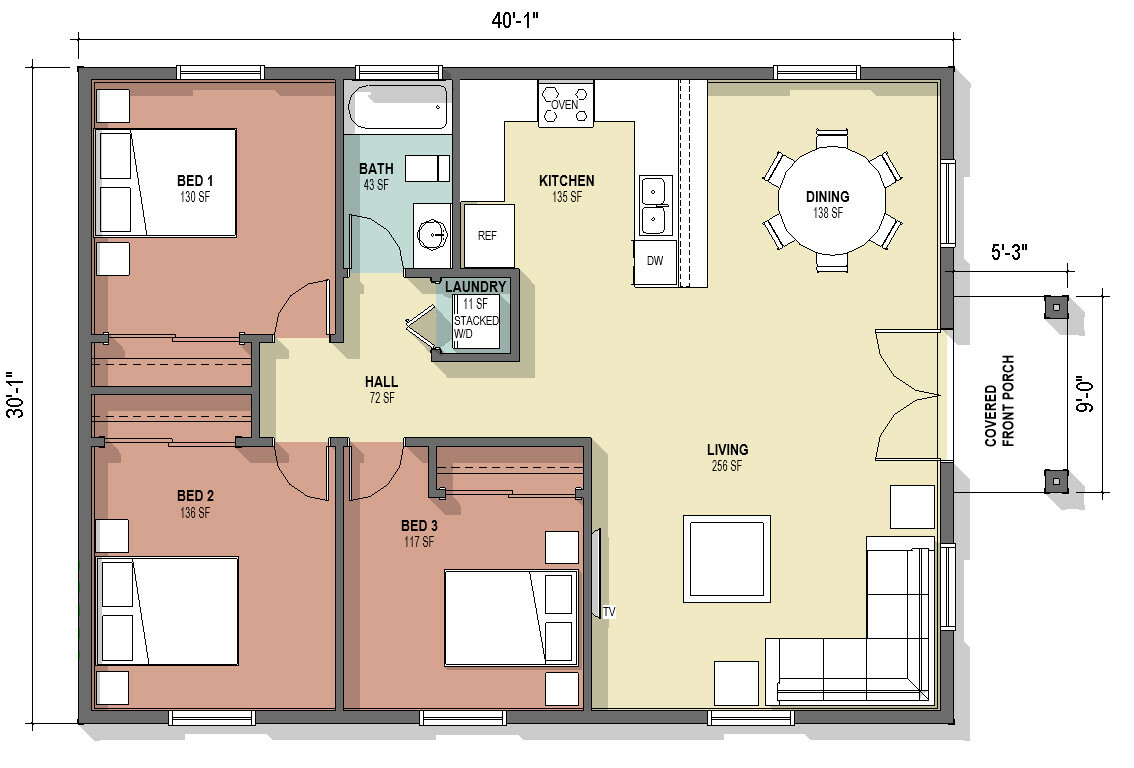 Tiny Home House Plans – 3 Bedroom, 1 bath, PDF Blue Prints, Perfect for AirBnB  