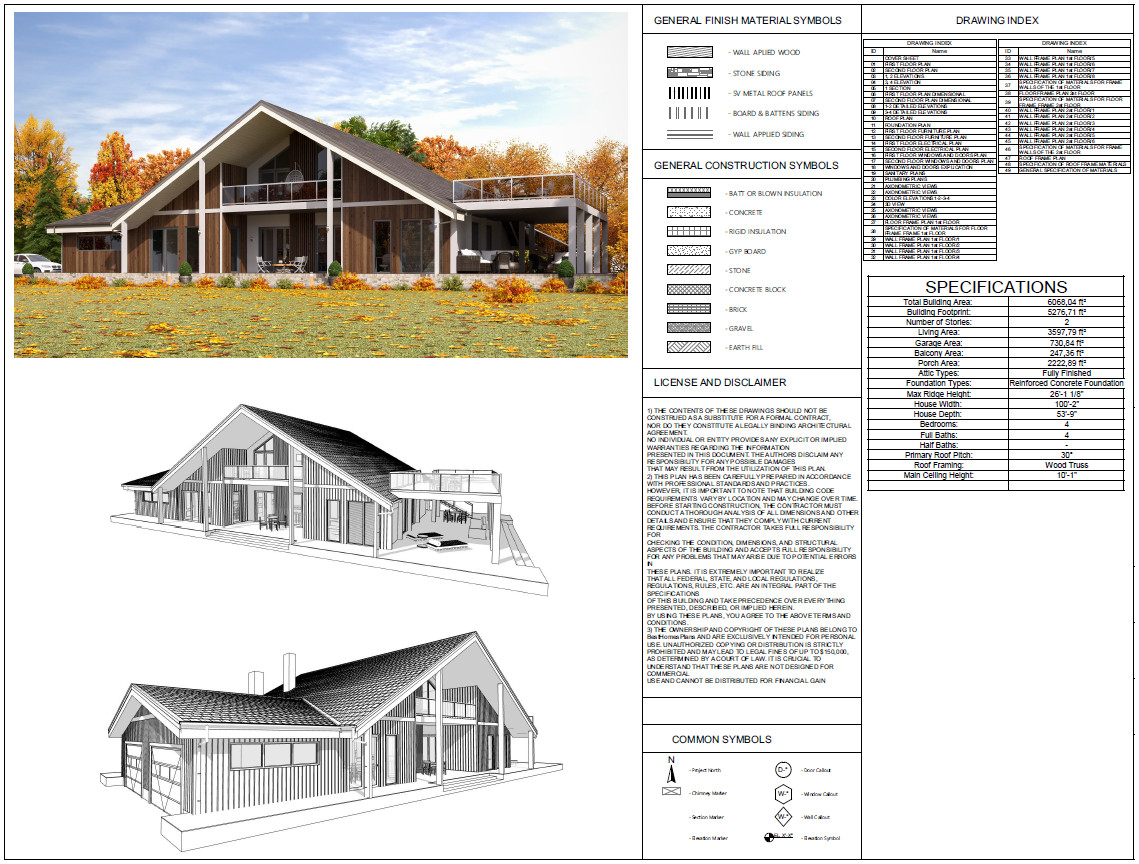 100’x54’ 4-Beds 4-Baths Charming A-Frame Architectural Build Plans PDF Download
