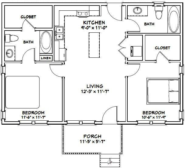 36×24 House — 2 Bedroom 2 Bath — 864 sq ft — PDF Floor Plan — Model 1E