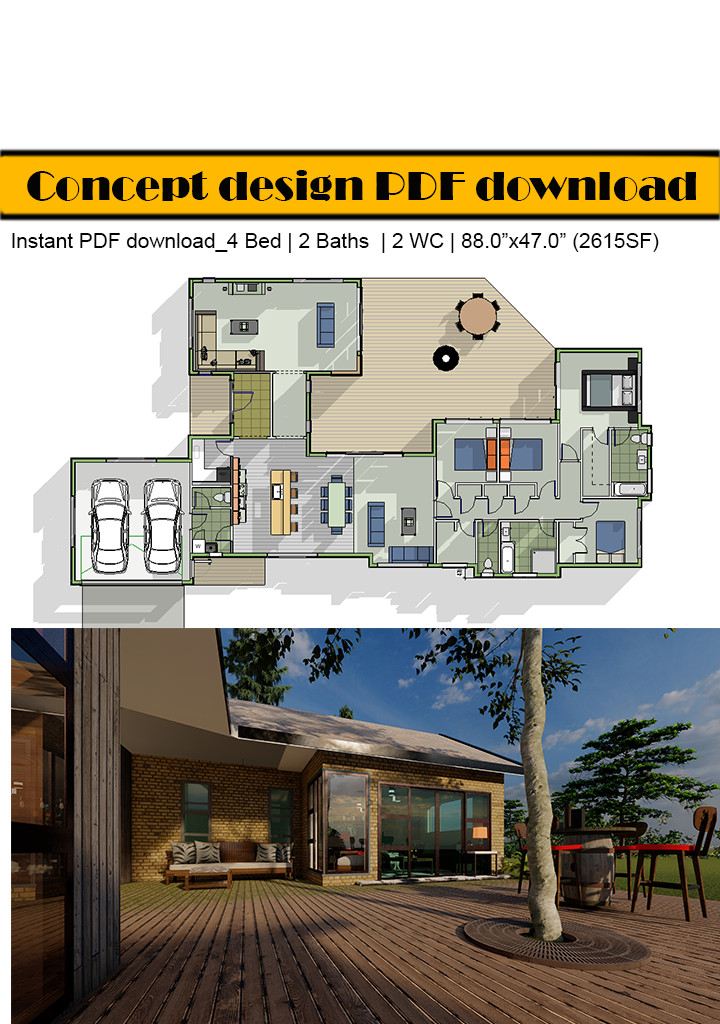4 Bedroom Floor Plan: 2165 SF, 2 Bath, 2 Car Garage (Digital Download)