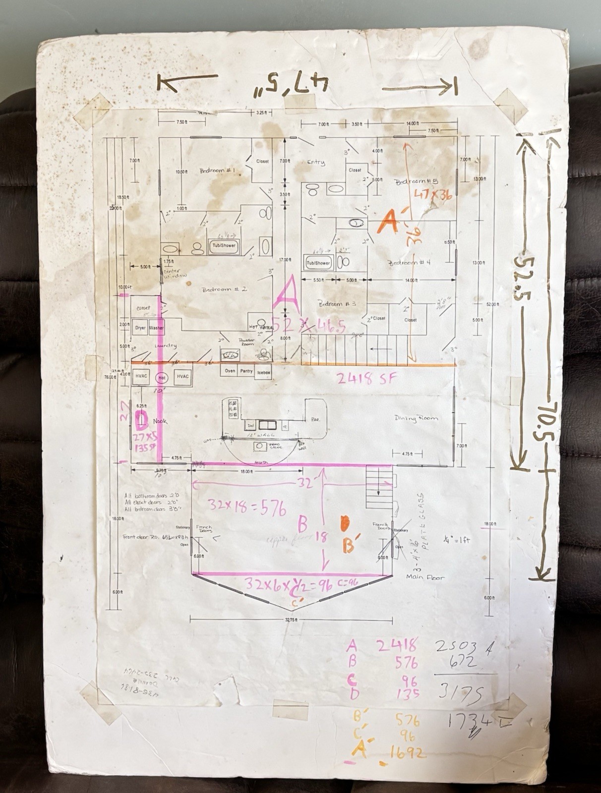 Vintage Architectural Floor Plan Multi-Story House | 5 Bedroom Home Blueprint
