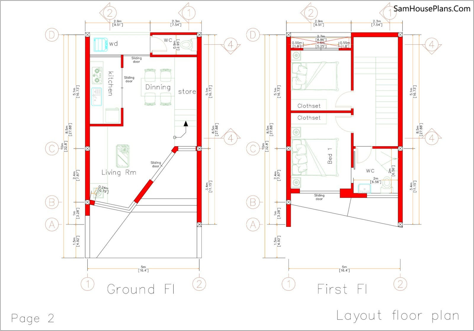 Home Designs 5×10 Meter 17×33 Feet 2 Bedrooms Terrace Roof PDF (A4 Hard Copy)