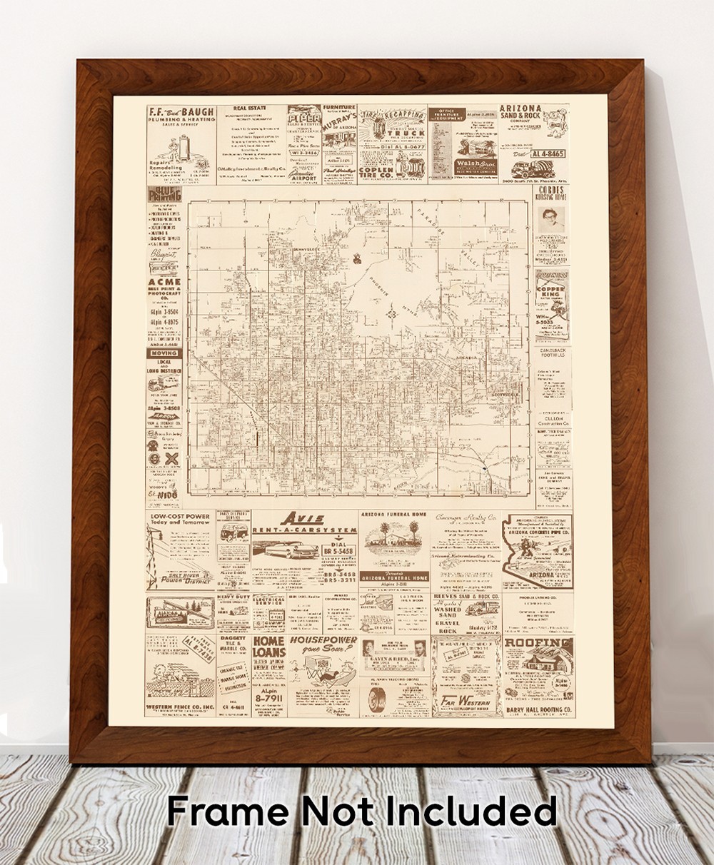 Phoenix Arizona Vintage City Map Mid Century Street Plan with Historic Ads