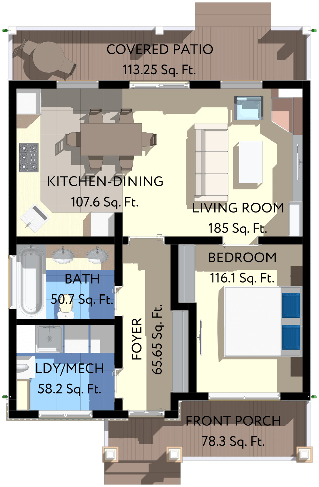 Charming Tiny House 1 Bed, 1 Bath, 583SF Architectural Build Plans PDF Download