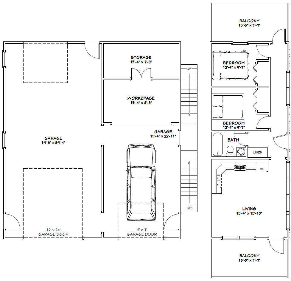 36×40 Apartment with 1-Car 1-RV Garage — PDF Floor Plan — 901 sqft — Model 1A