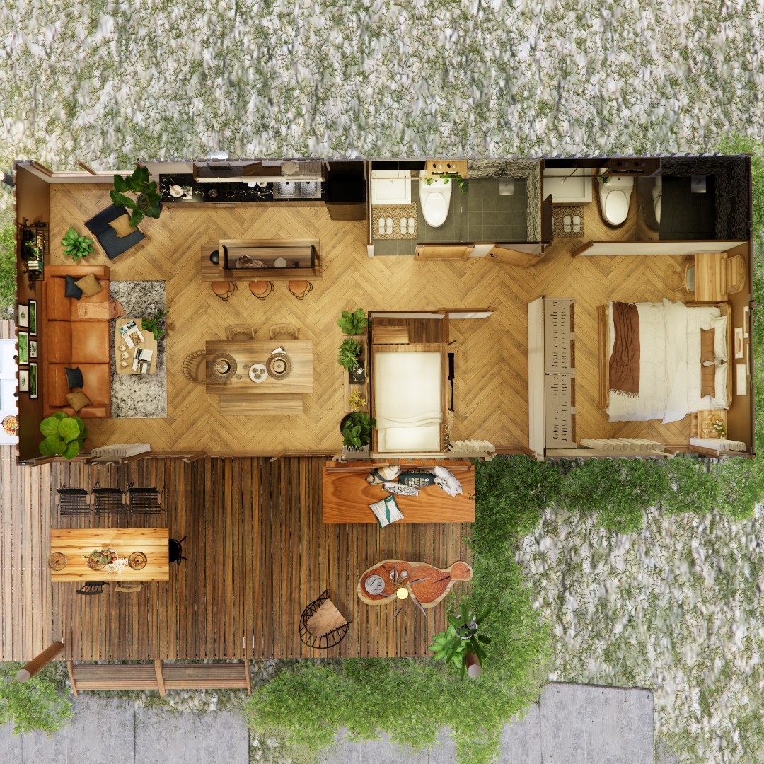 Container house plans – 2 bedrooms 1 bathroom – 3D images DWG CAD File And PDF