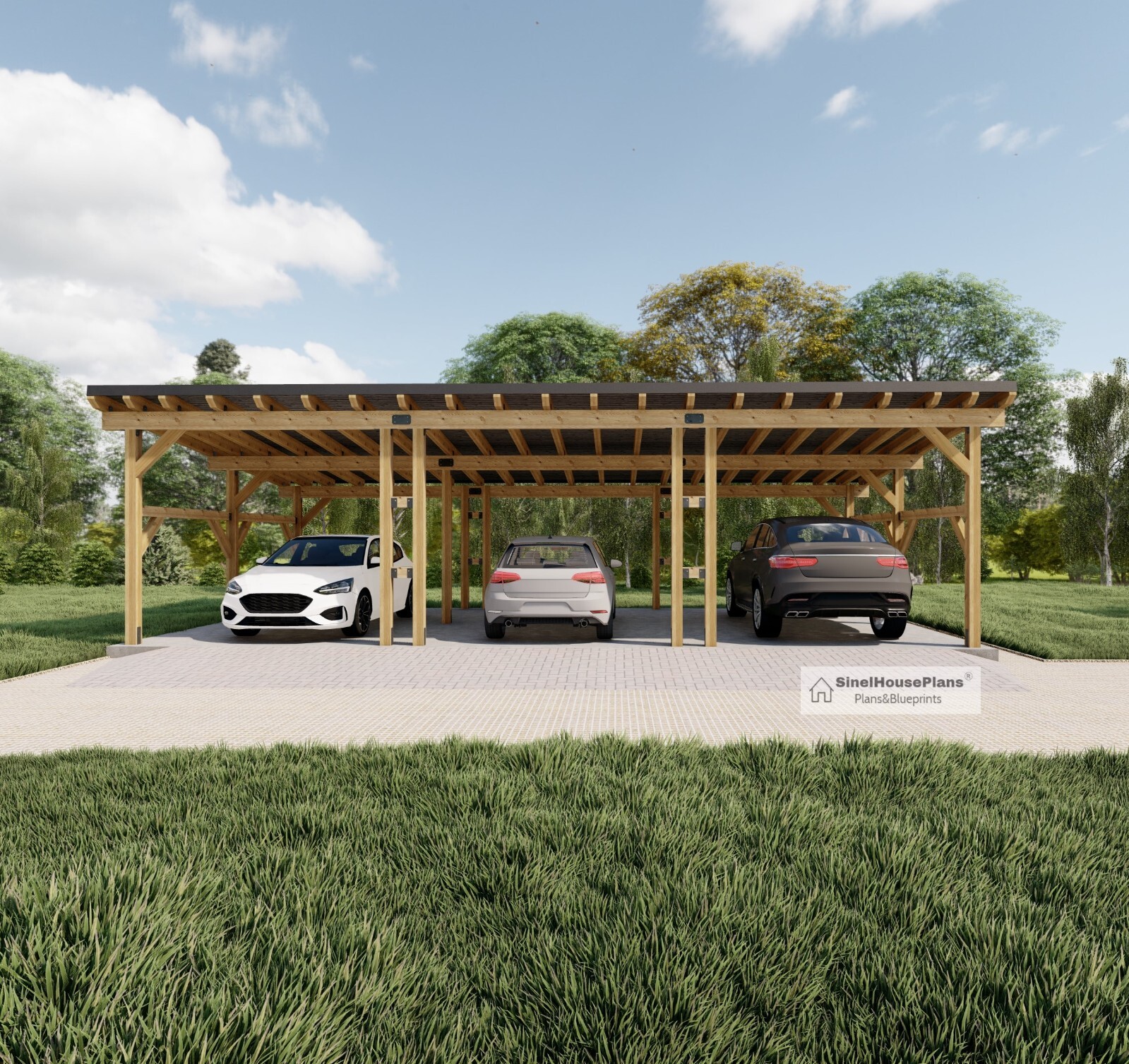 3 Car Carport Plans, Modern 36′-3»x18′ Lean to Pavilion Blueprints