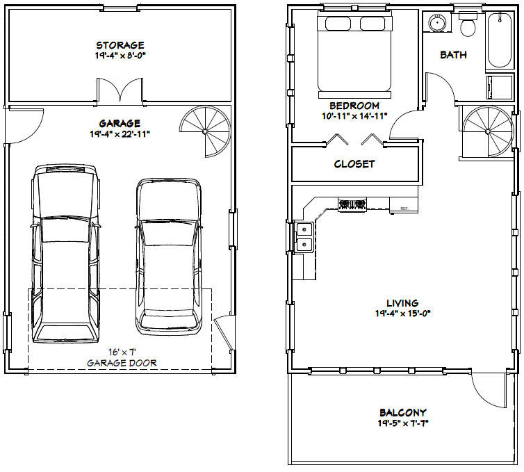 20×32 House — 1 Bedroom — 2 Car Garage — PDF Floor Plan — Model 6V