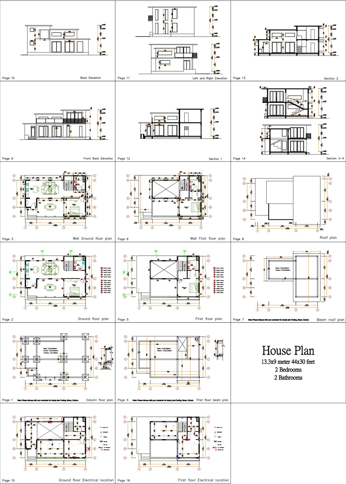 44×30 Feet Small House Plan 13.3×9 Meter 2 Beds 2 Baths Flat Roof (A4 Hard Copy)