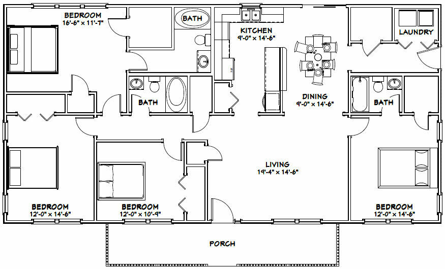 60×30 House — 4 bedroom 3 Bath — 1,800 sqft — PDF Floor Plan — Model 2A