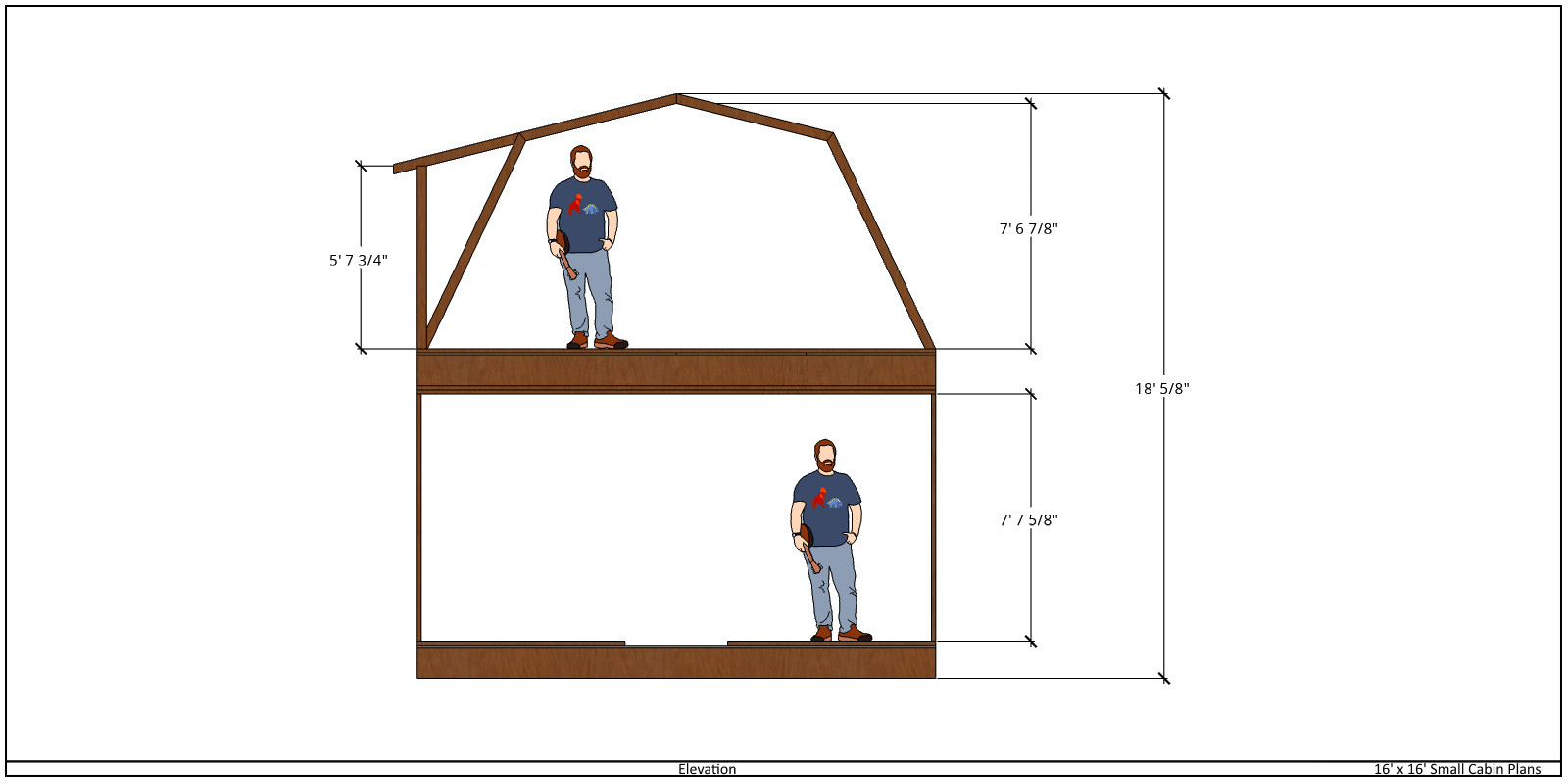 Small Cabin 16ft x 16ft 2 floors Gambrel Roof Build plans, lumber list -PDF