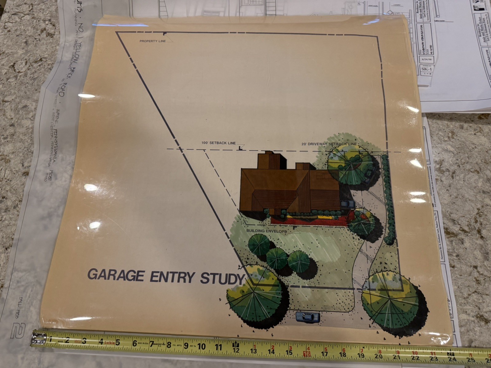 Architectural Garage Entry Study Rendering Hand Colored Site Plan 24×30