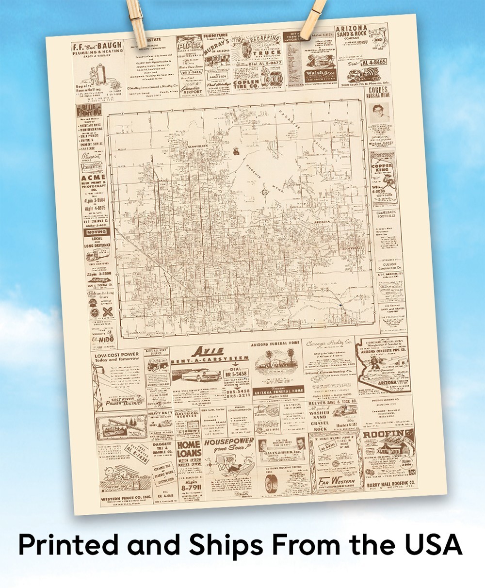 Phoenix Arizona Vintage City Map Mid Century Street Plan with Historic Ads
