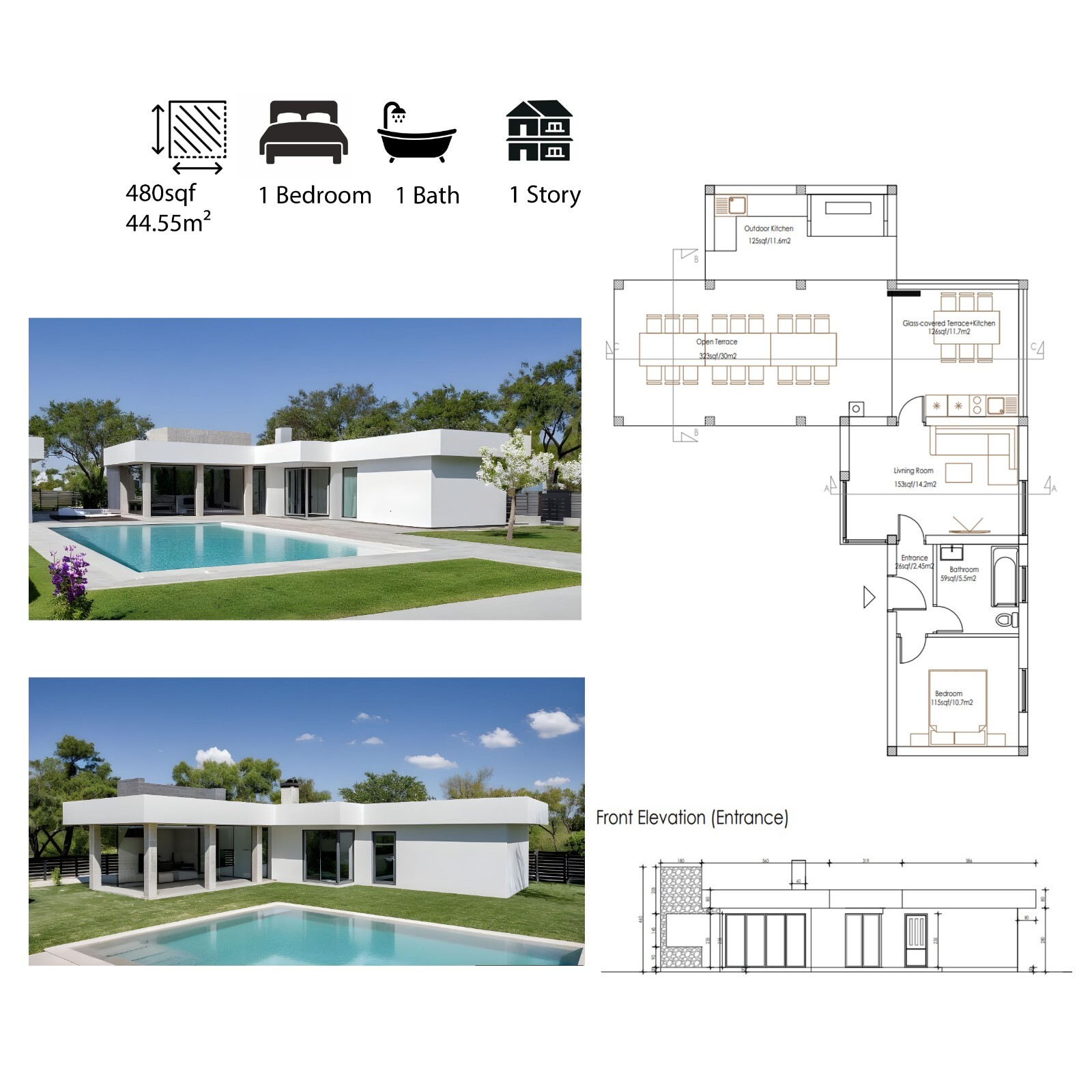 Tiny Modern 1Bedroom1Bathroom Small House Floor Plan with Flat Roof 480sqft/45m2