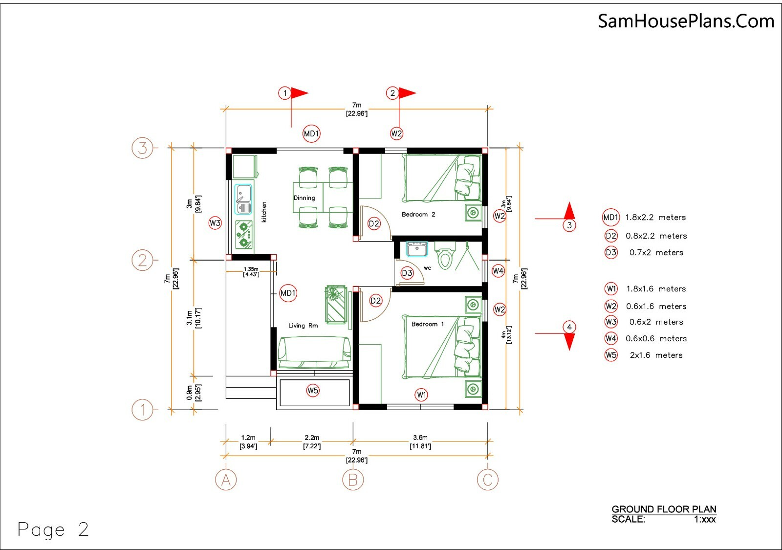 24×24 Feet Small House Plans 7×7 Meter 2 Bedrooms Hip Roof (A4 Hard Copy)