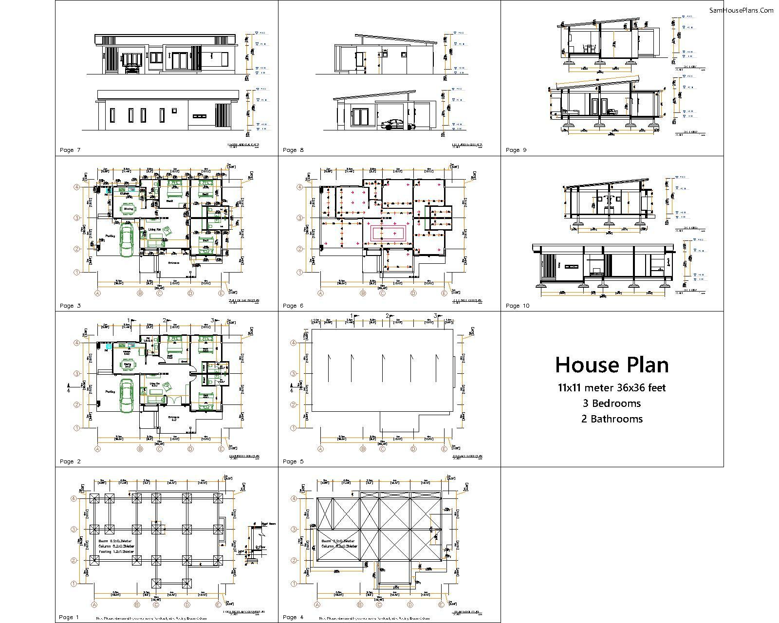 House Design Plan 16×12 Meter 52×39 Feet 3 Bedrooms Shed Roof (A4 Hard Copy)