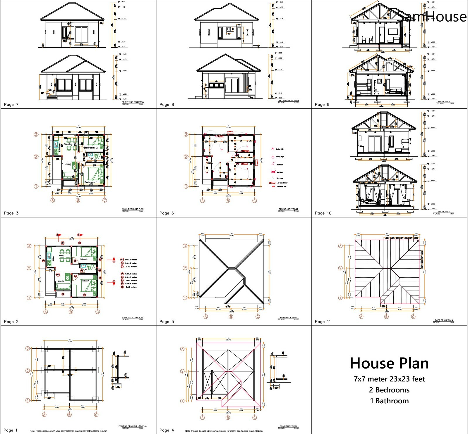 24×24 Feet Small House Plans 7×7 Meter 2 Bedrooms Hip Roof (A4 Hard Copy)