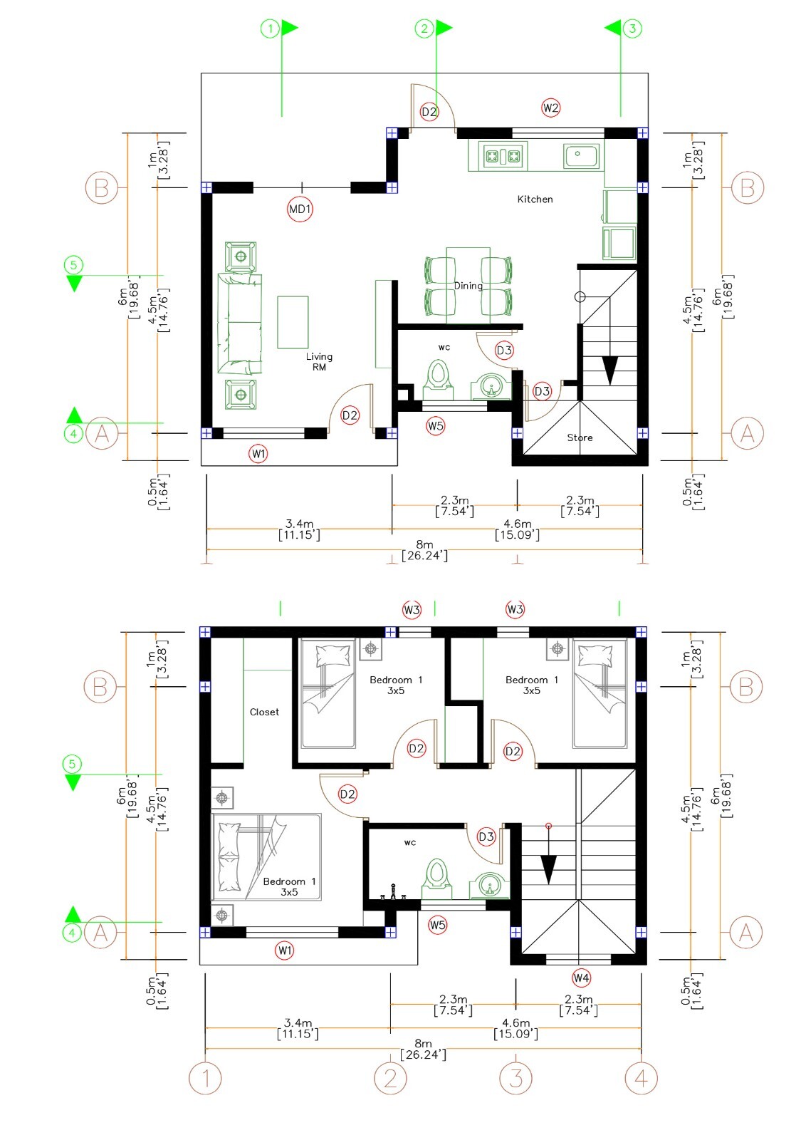 Small House Plan 26×20 Feet 8×6 Meter 3 Bed 2 Bath Shed PDF Plan (A4 Hard Copy)