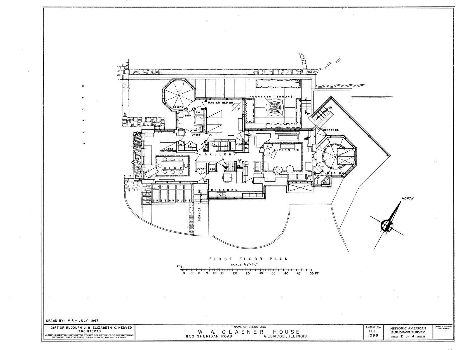 Frank Lloyd Wright Prairie Style hillside house, PRINTED Architectural plans