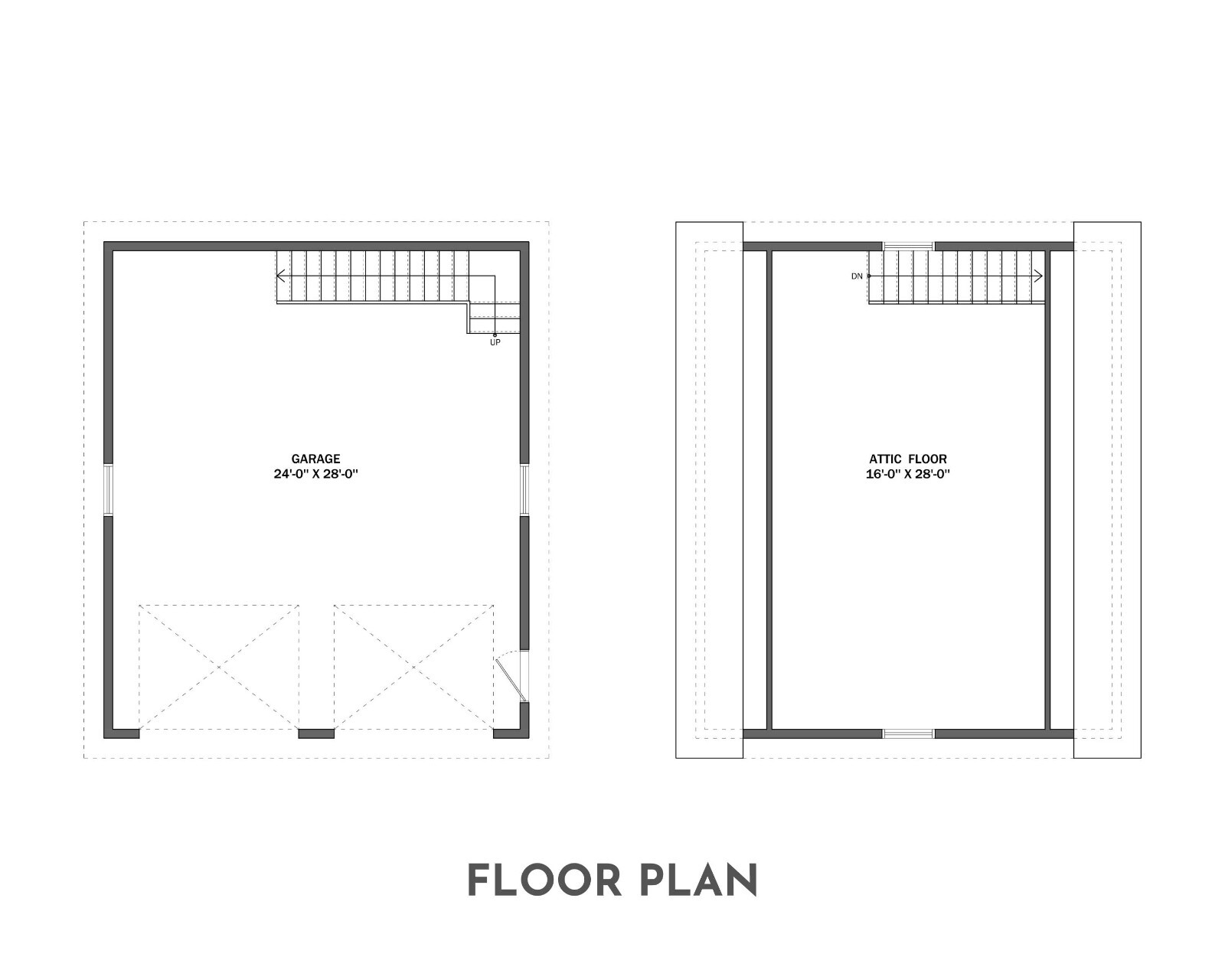 24′ x 28′ Two Car Garage, Detached Garage, 672 Sq Ft, 9 ft Walls, Attic Room