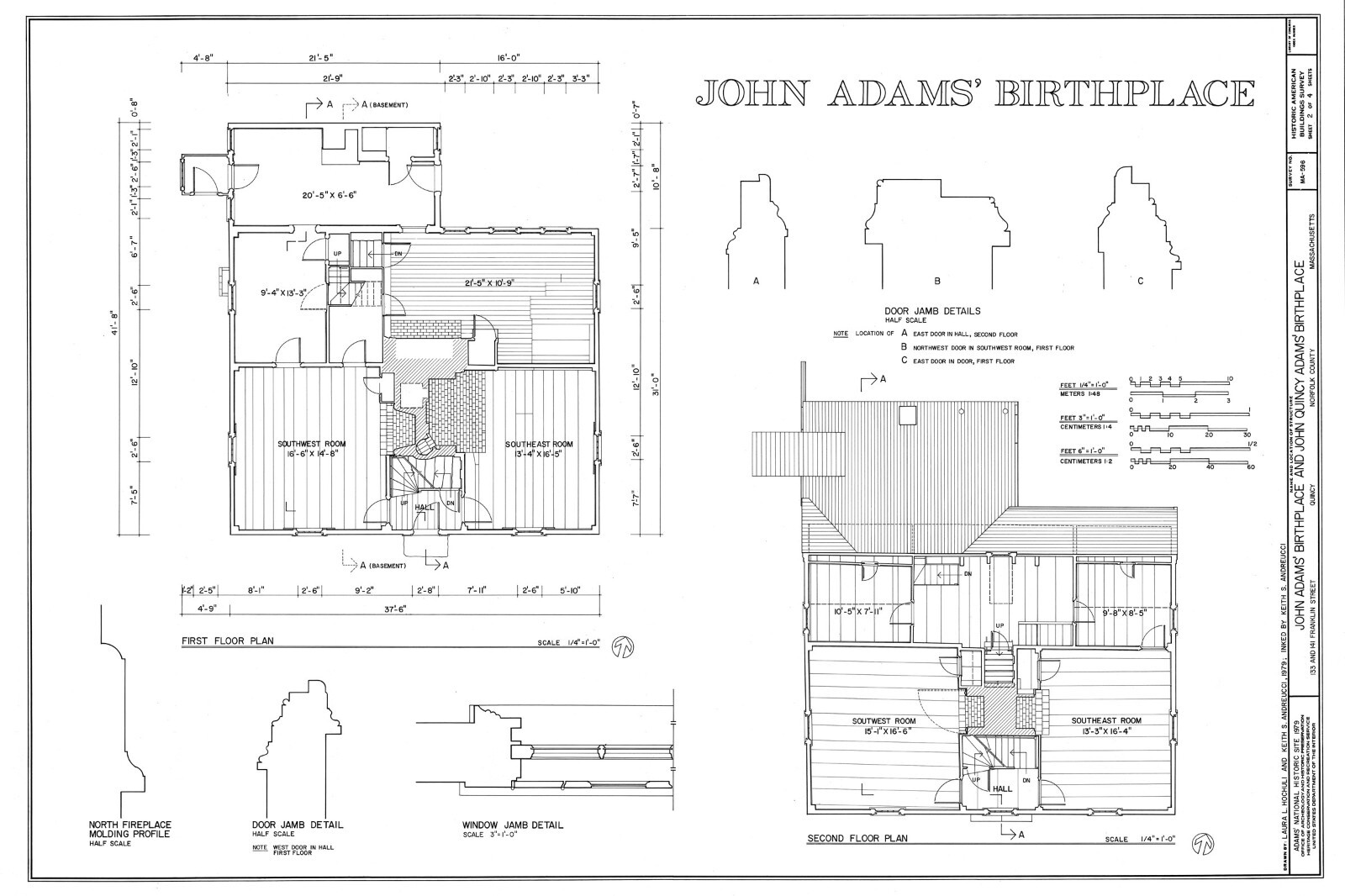 John Adams House, ca 1681 – Saltbox Colonial home floor plans, 3 bedrooms
