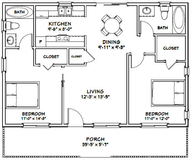 36×24 House — 2 Bedroom 2 Bath — 864 sq ft — PDF Floor Plan — Model 3