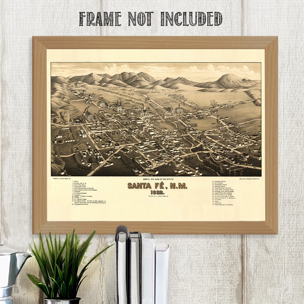 Santa Fe New Mexico 1882 Bird’s Eye View Historic City Map Vintage Wall Art