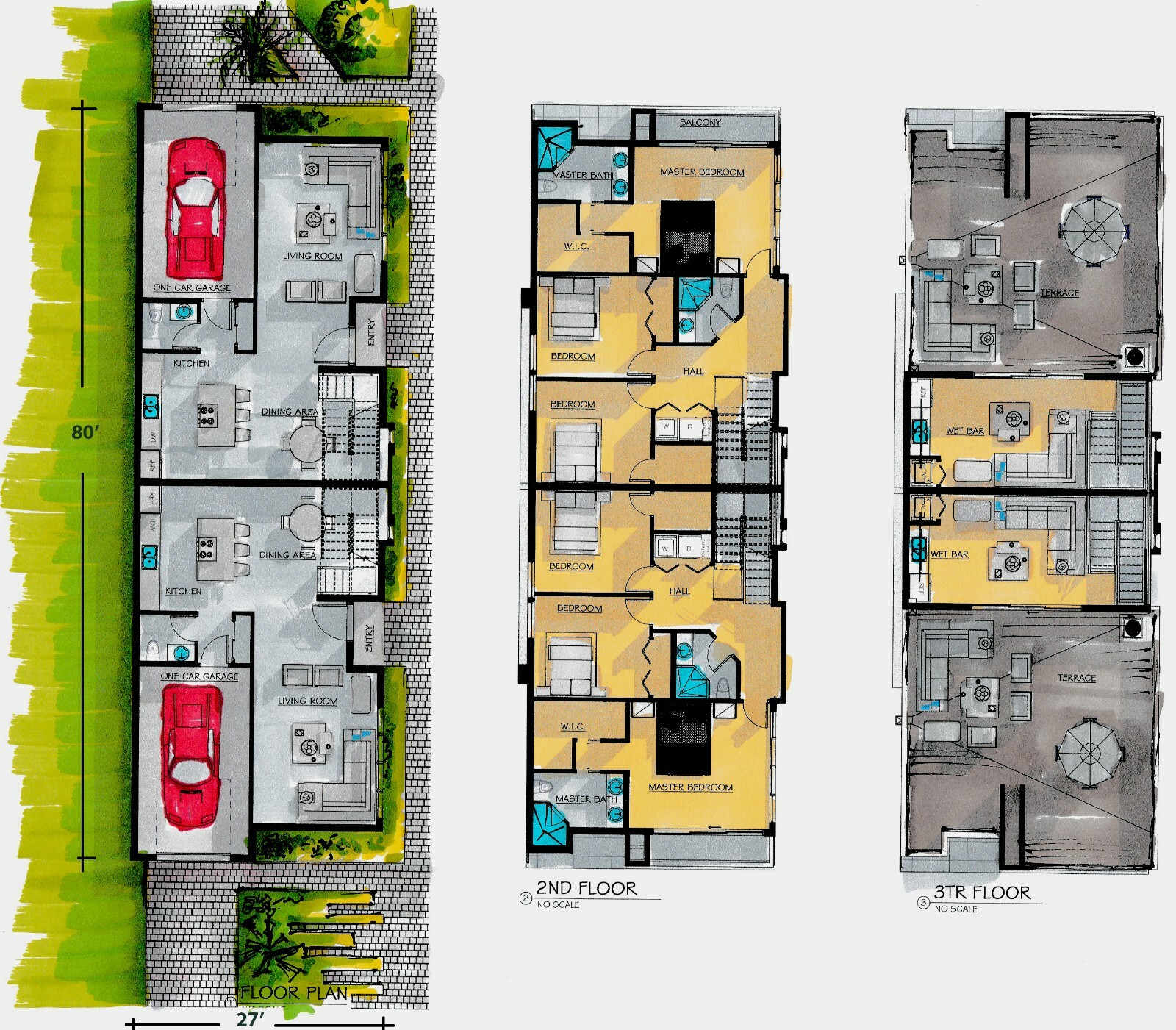 BLUEPRINTS MODERN MULTIFAMILY 3-STORY DUPLEX HOME PLAN ARCHUP #109