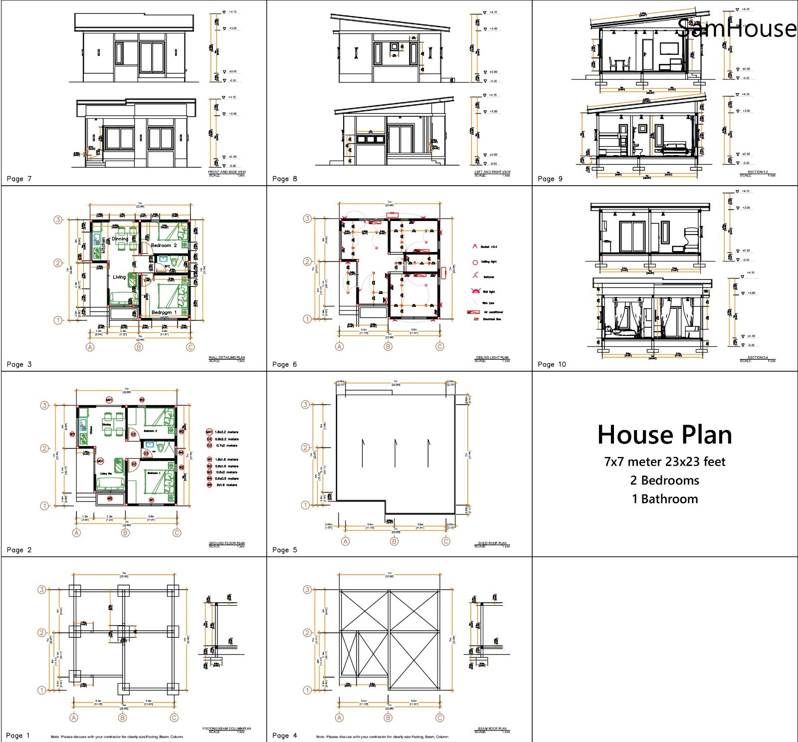 Small Home Plan 7×7 Meter 24×24 Feet 2 Bedrooms Shed Roof (A4 Hard Copy)