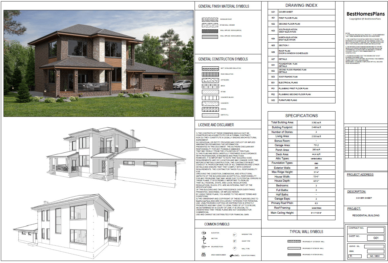 72’x42’ 3 Beds, 2 Baths Elegant Cottage Architectural Build Plans PDF Download.