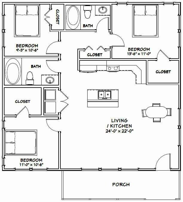 36×34 House — 3 Bedroom 2 Bath — 1,224 sq ft — PDF Floor Plan — Model 1