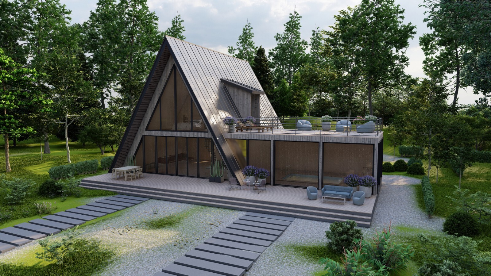 63’x59’ 3 Beds, 2.5 Baths Cozy A-Frame House Architectural Plans PDF Download.