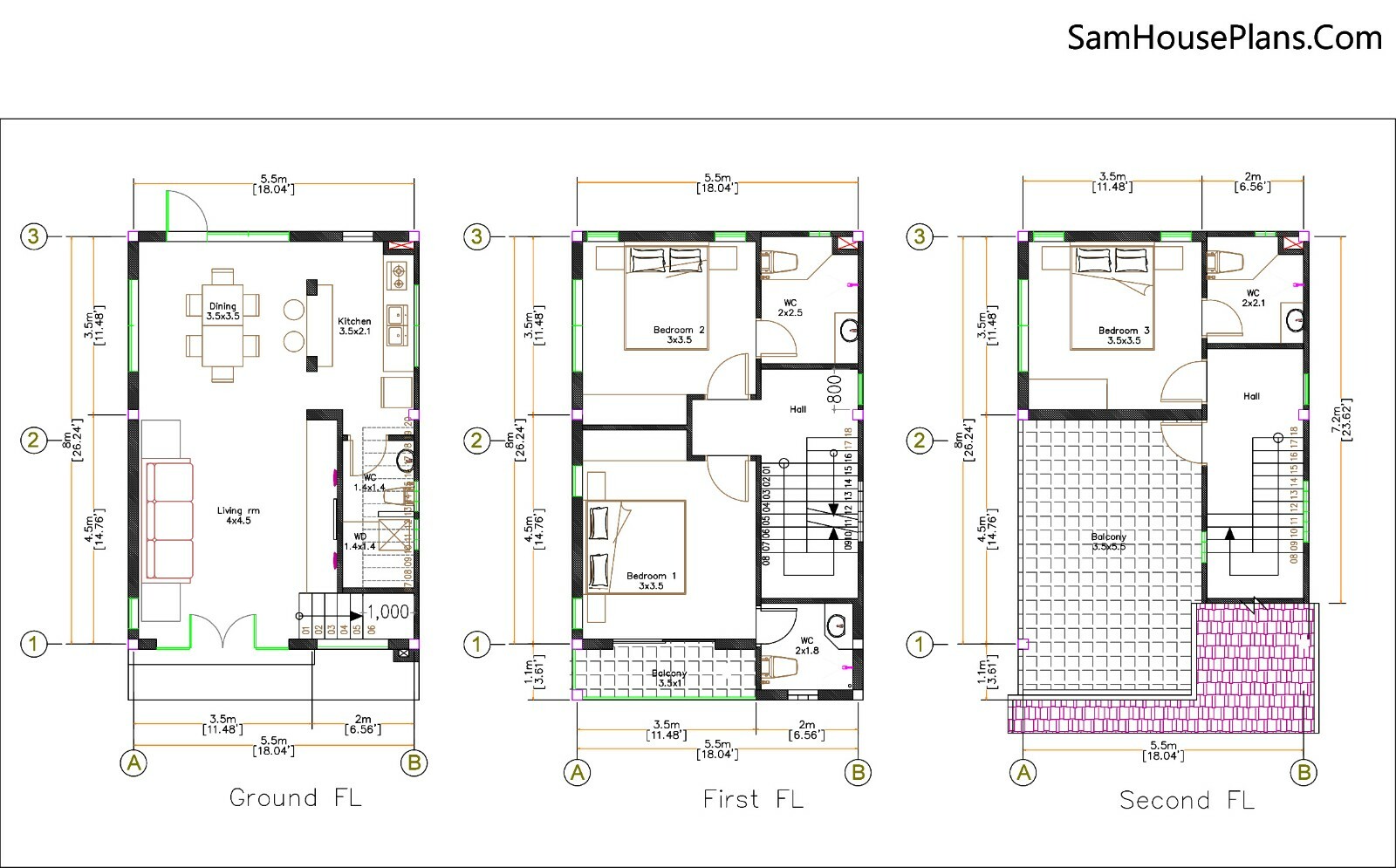 Small House Design 5.5×8 Meter 18×26 Feet 3 Beds 4 Baths Gable Roof A4 Hard Copy