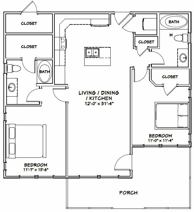 36×32 House — 2 Bedroom 2 Bath — 1,082 sq ft — PDF Floor Plan — Model 1A