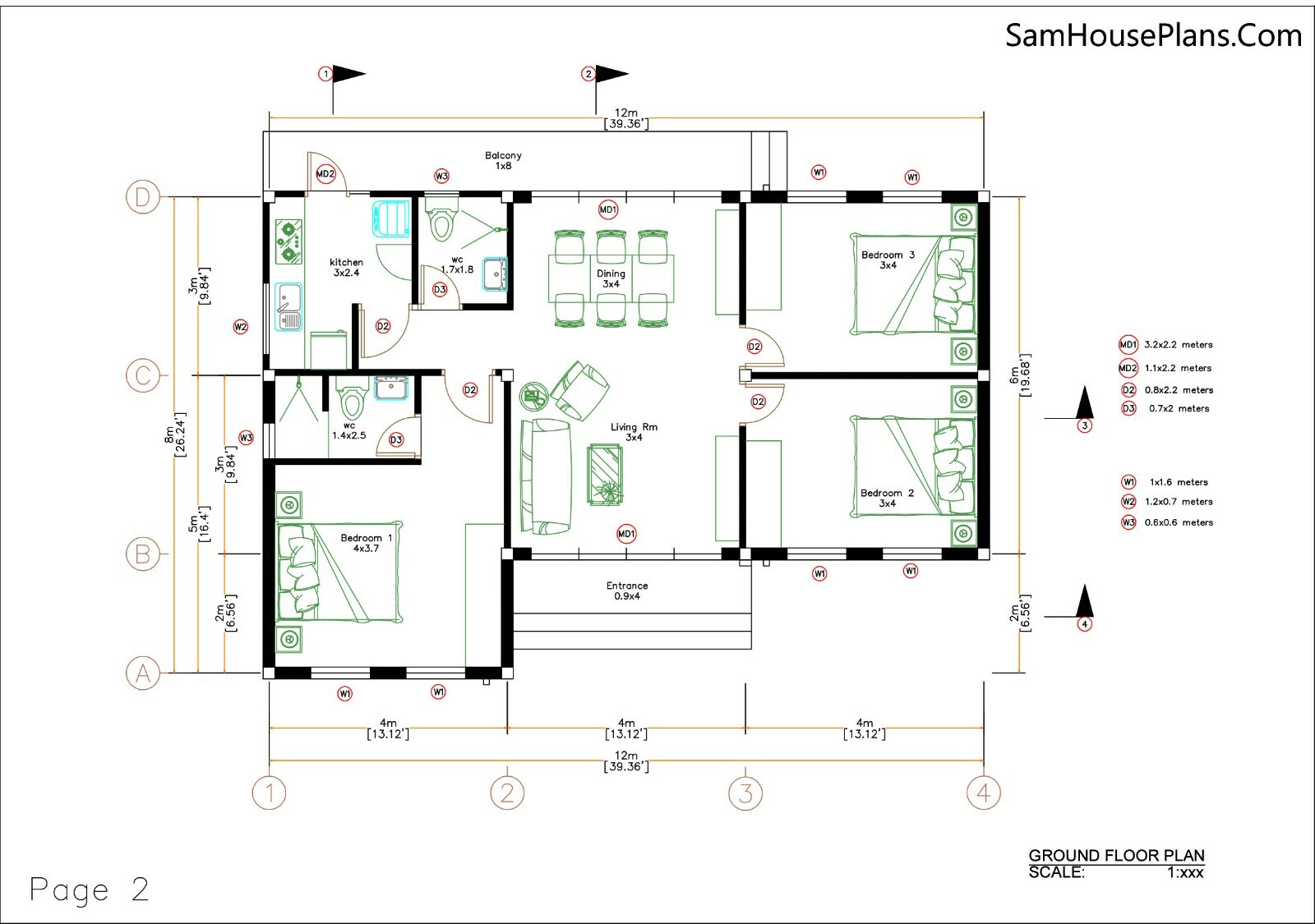House Plan 12×8 Meter 40×27 Feet 3 Beds 2 Baths Hip Roof PDF (A4 Hard Copy)