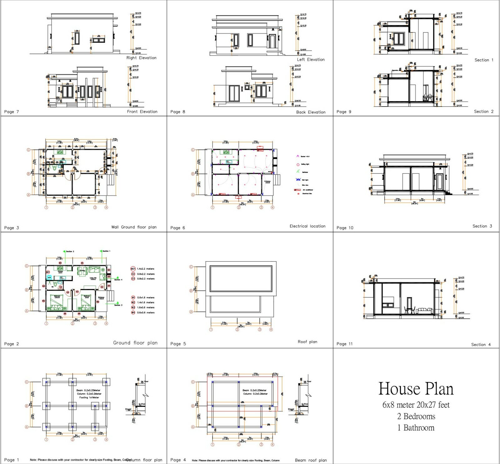 Custom Small House Plan 6×8 Meter 20×27 Feet 2 Bed 1 Bath Terrace (A4 Hard Copy)