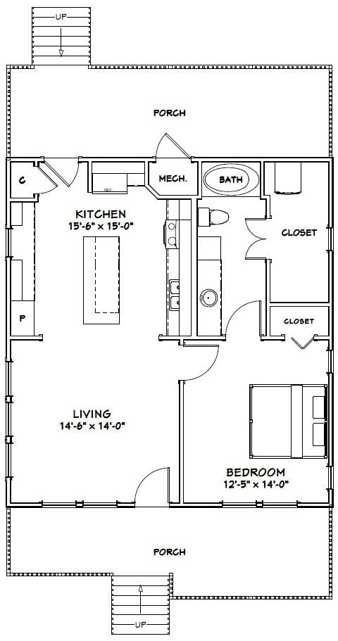 28×30 House — 1 Bedroom 1 Bath — PDF Floor Plan — 840 sq ft — Model 1A