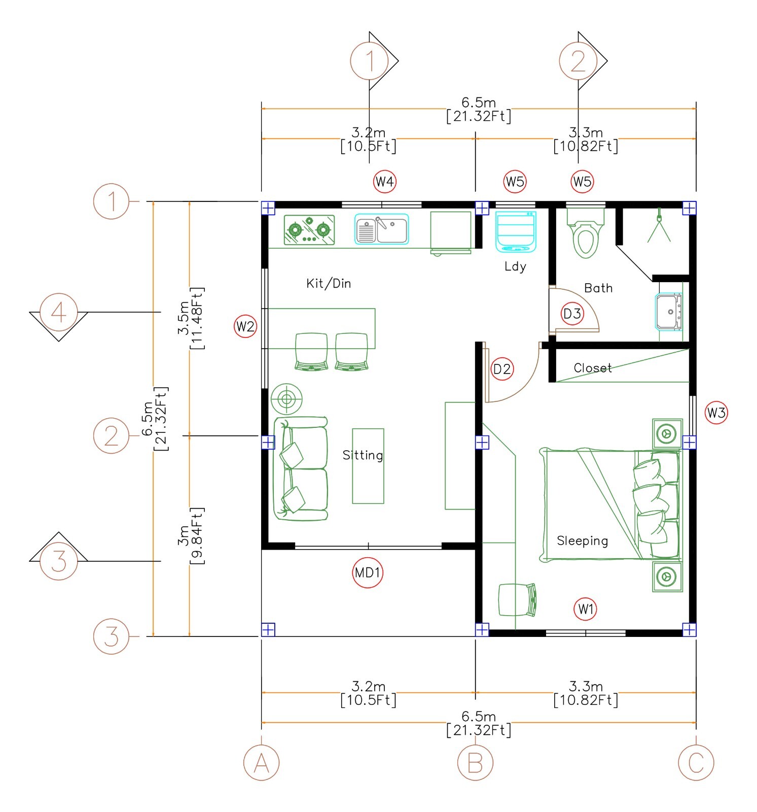 21×21 Feet Tiny House Plans 6.5×6.5 Meter 1 Bed 1 Bath Hip Roof (A4 Hard Copy)