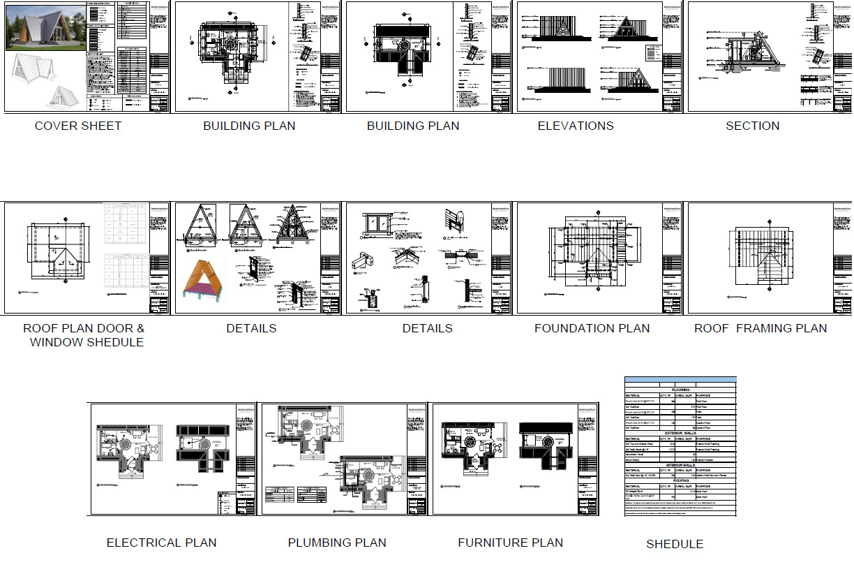 34’x28’ 1 Bedroom, 1 Bath Cozy A-Frame Cabin Architectural Plans PDF Download.