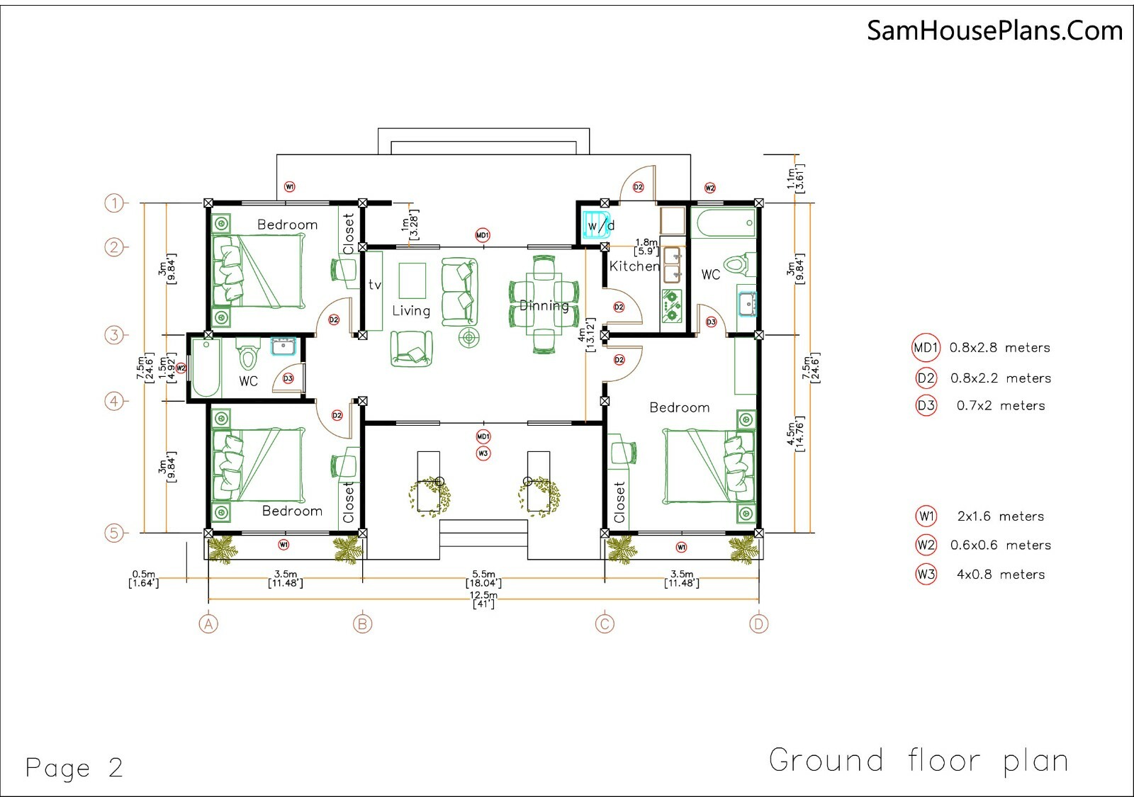 House Plans 13×7.5 Meter 43×25 Feet 3 Beds 2 Baths Shed Roof (A4 Hard Copy)