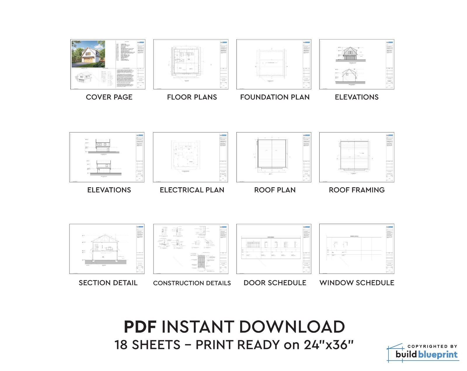 24′ x 24′ Two Car ADU Garage Loft Architectural Plans – PDF Download